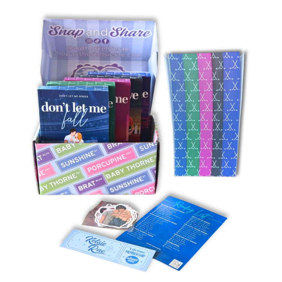 Open limited edition box showing Don't Let Me character cover paperbacks with sprayed edges, stickers, reading list, and bookmark