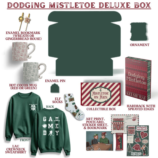 Dodging Mistletoe Deluxe Collector's Box contents - art print, postcard, sticker sheet and bookmark revealed